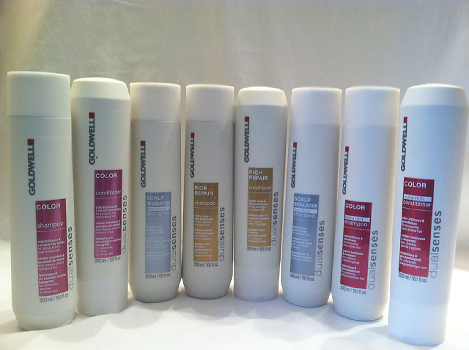 Goldwell Dualsenses shampoo and conditioner on the Defusion shelf