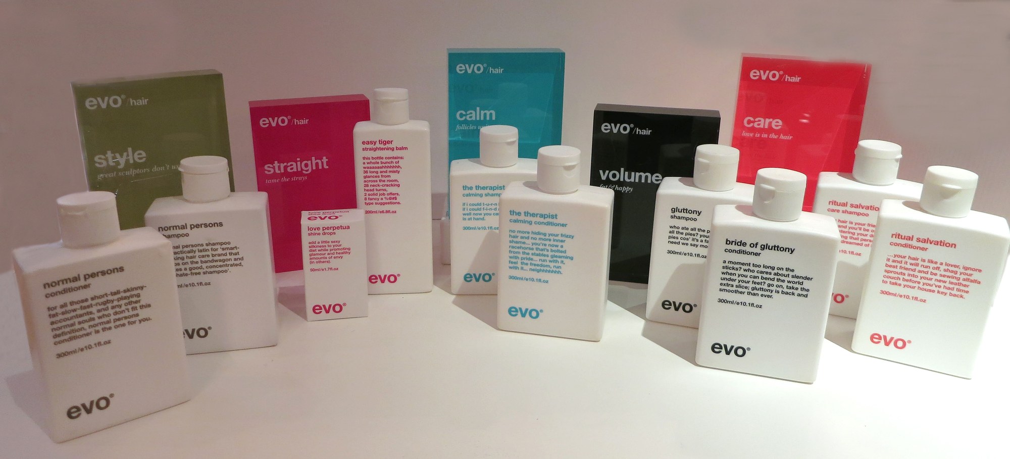 evo care, style, calm and volume haircare range